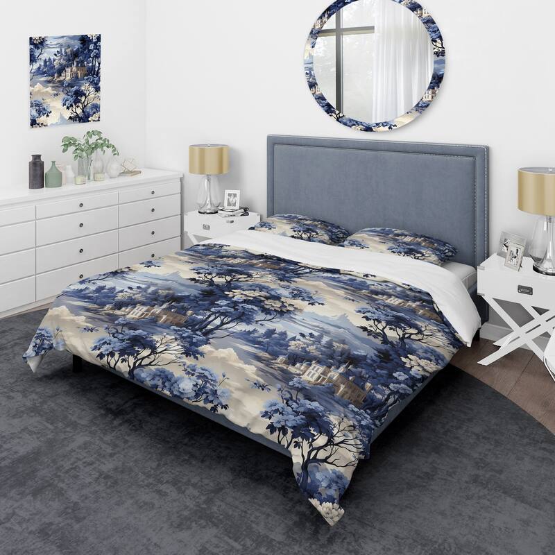 Designart "Cobalt Toile Victorian Pattern I" Cottage Bedding Set With